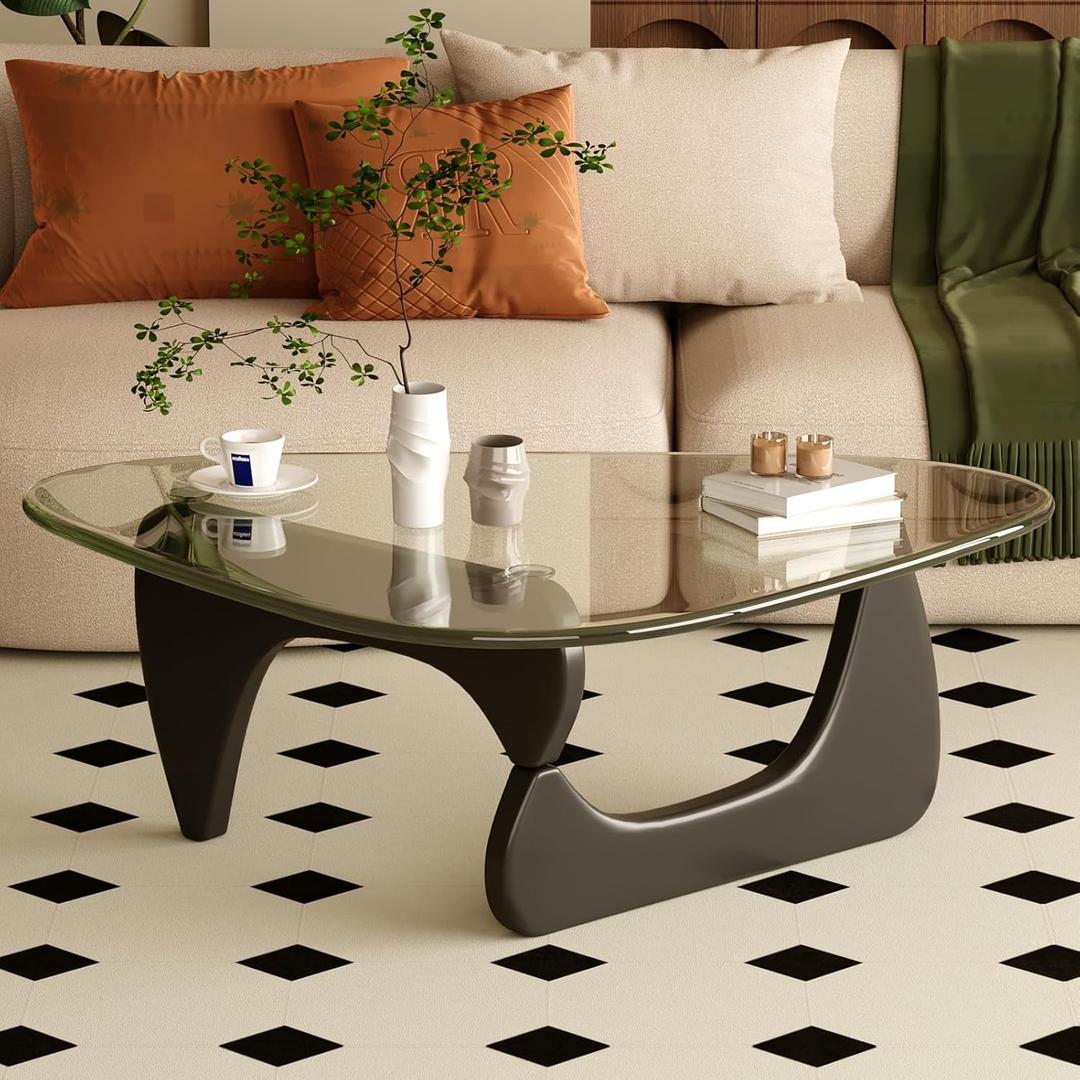 Coffee Table for Living Room Mid Century Modern Center Table with Glass Top, Black/Transparent