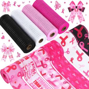 10 Pcs Breast Cancer Awareness Ribbon 4 Rolls Mesh Ribbon and 6 Rolls Pink Burlap Wired Edge Wreath Metallic Wreath Wrapping Crafts for Breast Cancer Party Home Decorative DIY Craft (Bright Color)