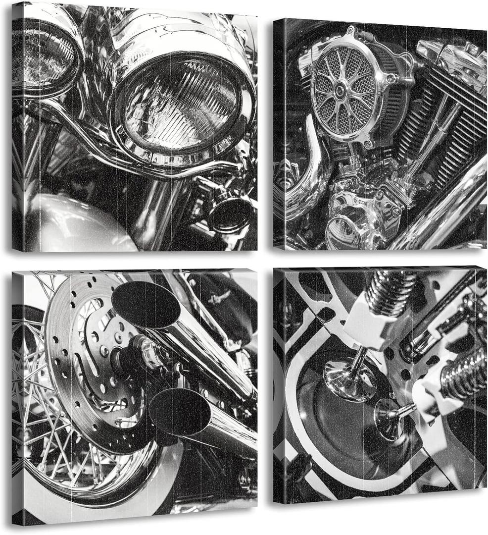 DJSYLIFE Black and White Motorcycle Wall Art Vintage Vehicle Pictures Wall Decor Close Up of Motorcycle Canvas Prints Modern Home Office Artwork Decorations for Mens Bedroom Boys Room Paintings (12"Wx12"Hx4)
