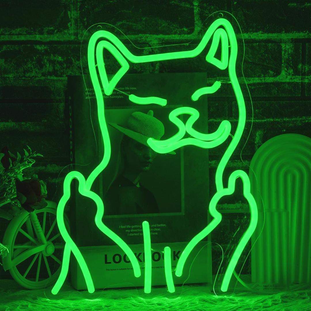 Cat Neon Sign for Wall Decor, USB Powered Cool Cat Neon Light, Funny Green Cat LED Light Up Sign for Birthday New Year Man Cave Teen Party Game Room Decoration