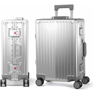 VentureVault All Aluminum 24 Inch Check In Luggage Hard Shell Suitcases with Spinner Wheels and TSA Lock, Checked Medium Suitcase (Sliver)