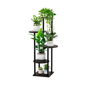 YOCOMEY 5 Tier Wood Tall Plant Stand Metal Rack Indoor, Multiple Flower Pot Holder Shelves Corner Rack, Round Planter Shelf Display Rack Storage Organizer for Patio Living Room Balcony(Black)