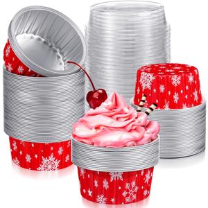 Umigy 100 Pcs Christmas Aluminum Foil Baking Cups with Lids 4.3oz Baking Liner Cups Xmas Disposable Ramekins Muffin Tins Cupcake Pan Foil Cupcake Containers (Snowflake)