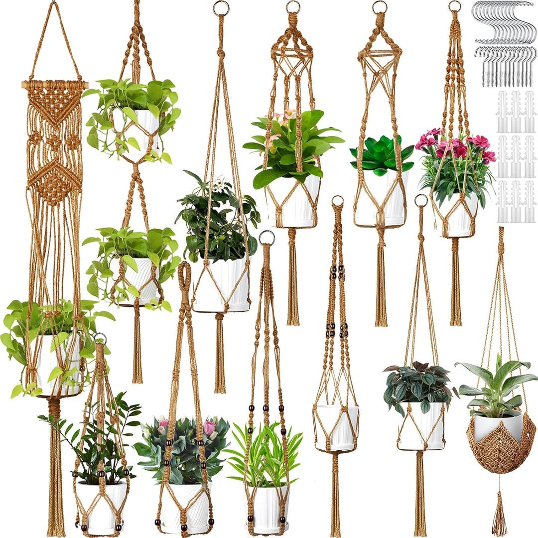 Hoteam 12 Pcs Macrame Plant Hangers Macrame Hanging Planters for Indoor Plants Handmade Boho Hanging Baskets Flower Pots Holder for Outdoor Home Wall Decor (Brown)