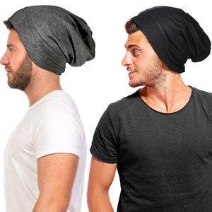 Geyoga 2 Pcs Silk Satin Bonnet for Sleeping Men Silk Satin Beanie with Adjustable Elastic Band for Curly Hair(Black, Dark Grey) (One Size-Medium)