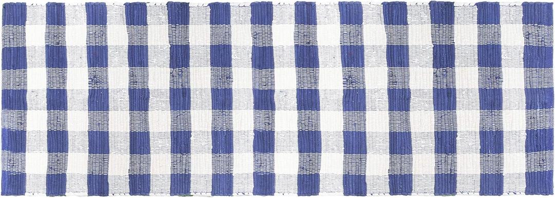 GLAMBURG Cotton Reversible Area Runner Rug 2' x 6' for Bedroom Living Room Kitchen Hallways Front Porch Laundry Room, Handwoven Farmhouse Floor Mat, Washable Checkered Plaid Runner Rug Blue White
