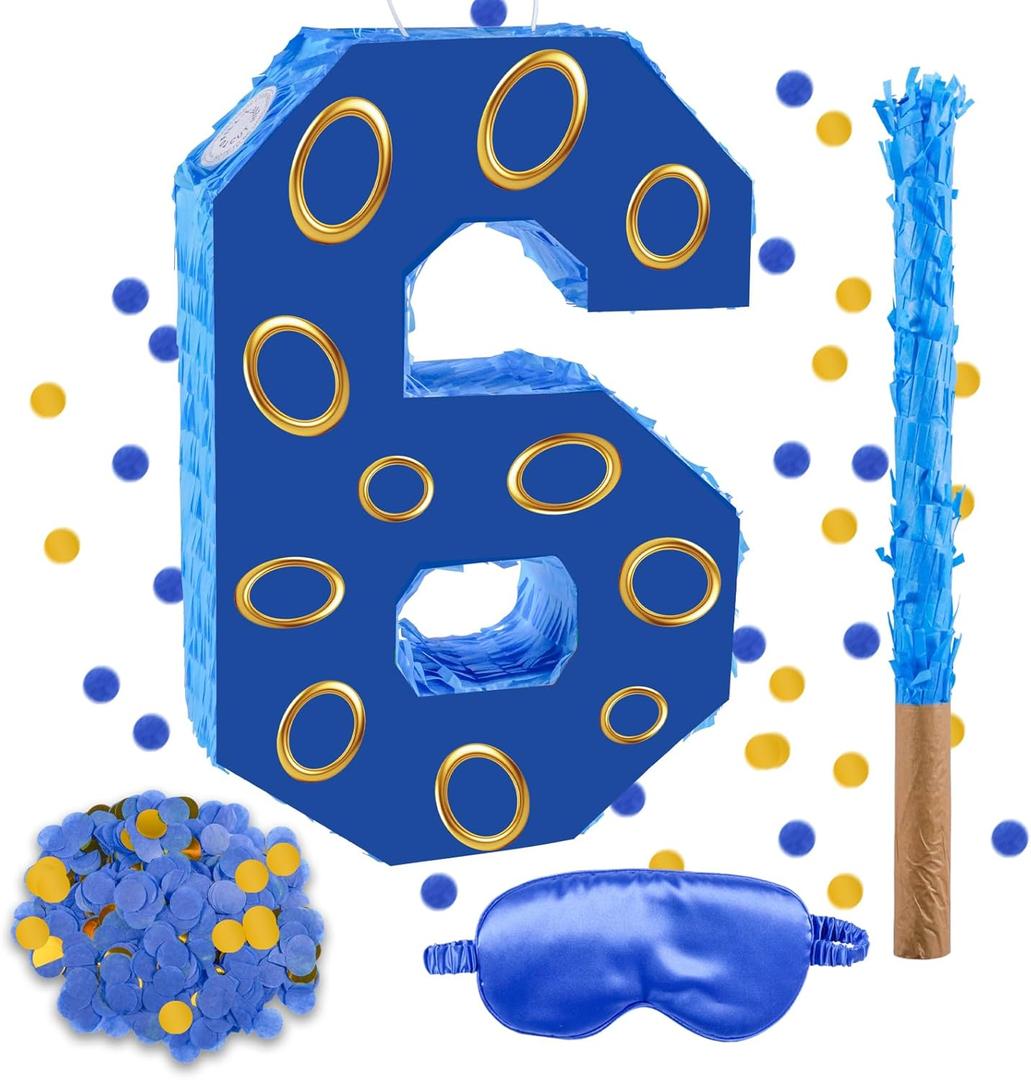 16 Inch Number 6 Double Sided Printing Blue Gold Ring Pinata with 16 Inch Piata Stick Blindfold Confetti for Boy Girl Kids 6th Birthday Party Decorations (6th)