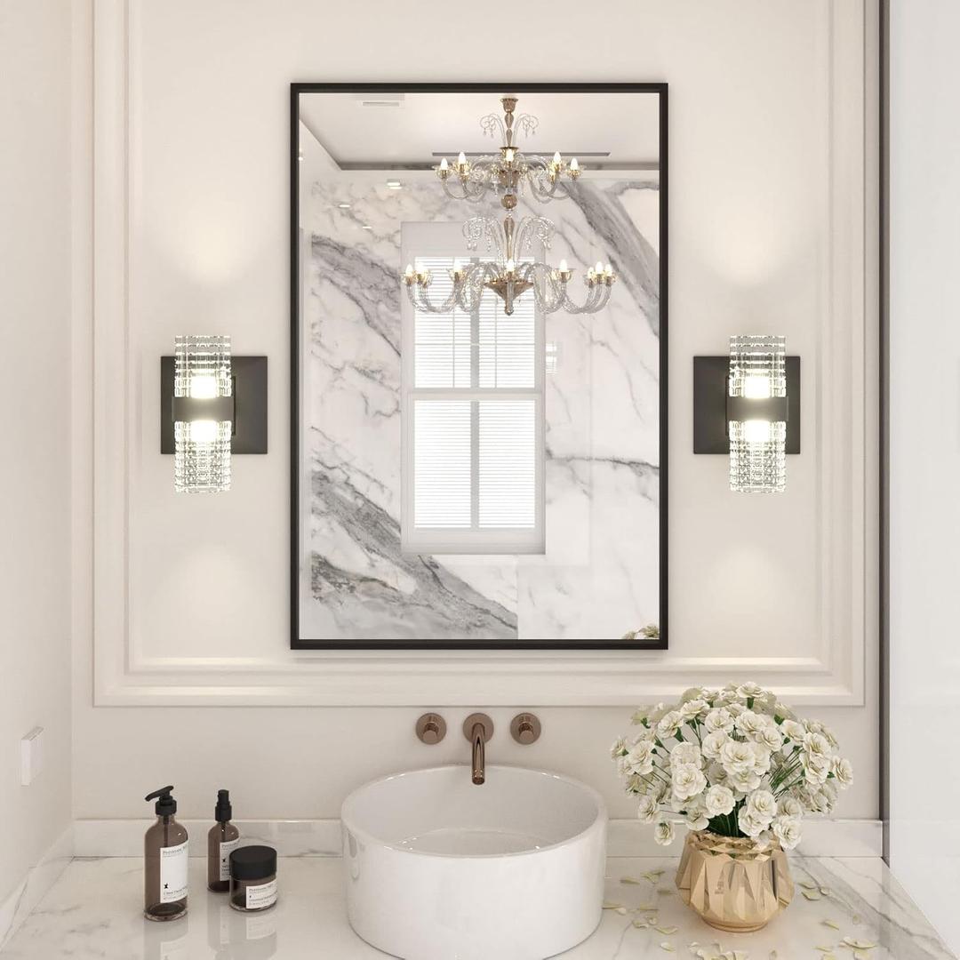 LOAAO 24"X36" Black Rectangle Bathroom Mirror Wall, Matte Black Aluminum Alloy Frame, Hangs Vertically or Horizontally, Easy to Install