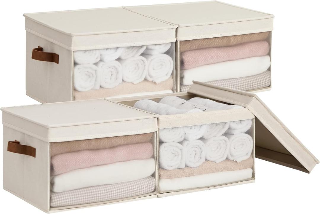StorageWorks Storage Bins with Lids and Clear Window, Basket for Shelves, Fabric Closet Containers and Organizers, Beige, Large, 4-Pack