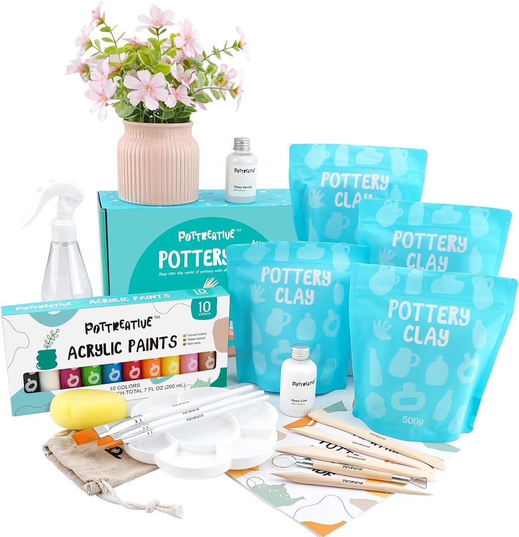 POTTREATIVE Air Dry Clay Pottery Kit - Home DIY Pottery Starter Kits with Air-Dry ClaySculpting Pottery Tools and Step-by-Step Guide - Great for Date Night, Arts Crafts Hobby (Blue)