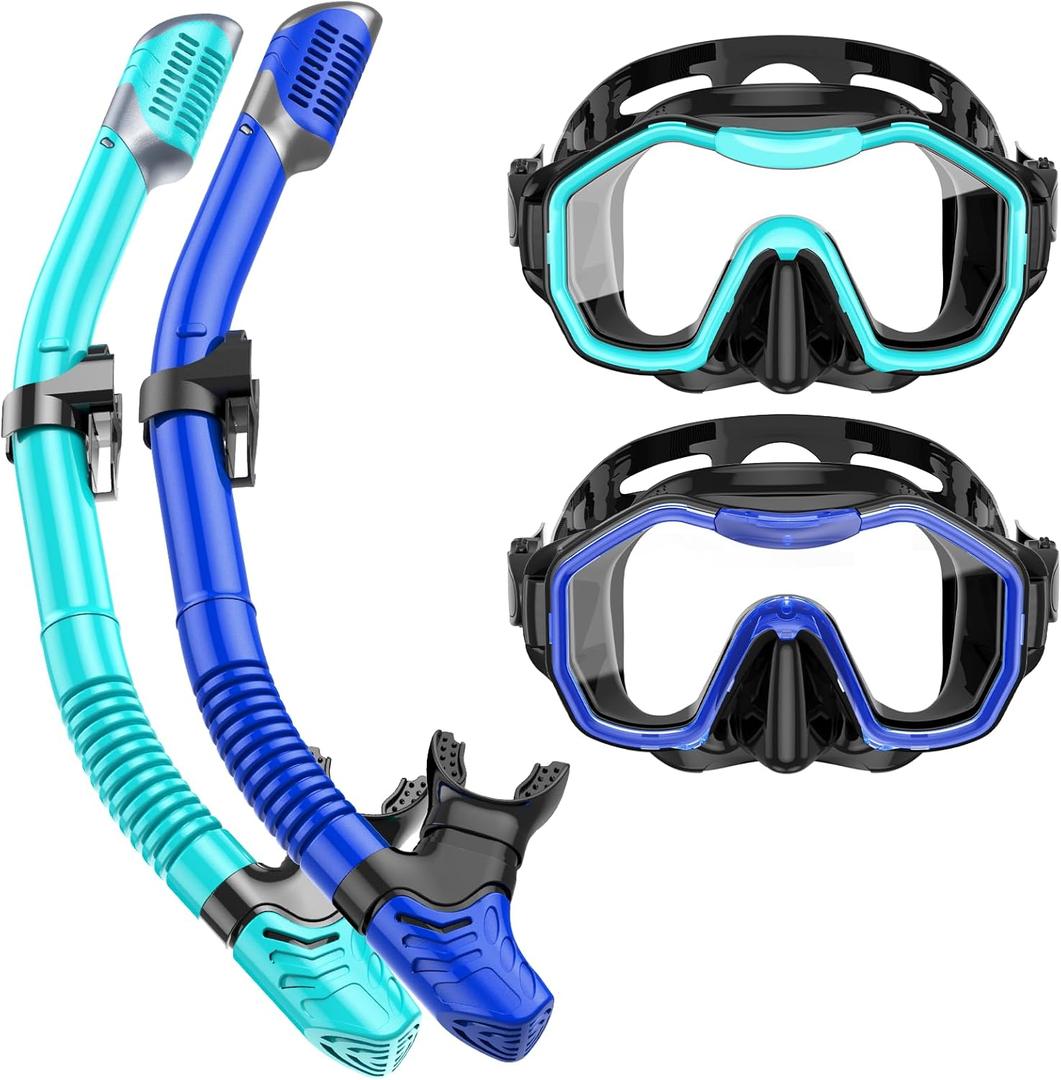Snorkeling Gear for Adults Kids, Dry-Top Snorkel Set, 180Panoramic Wide View Diving Mask Breathing Freely Snorkel Mask for Snorkeling Scuba Diving Swimming Travel (A11-Black Green + Black Blue)