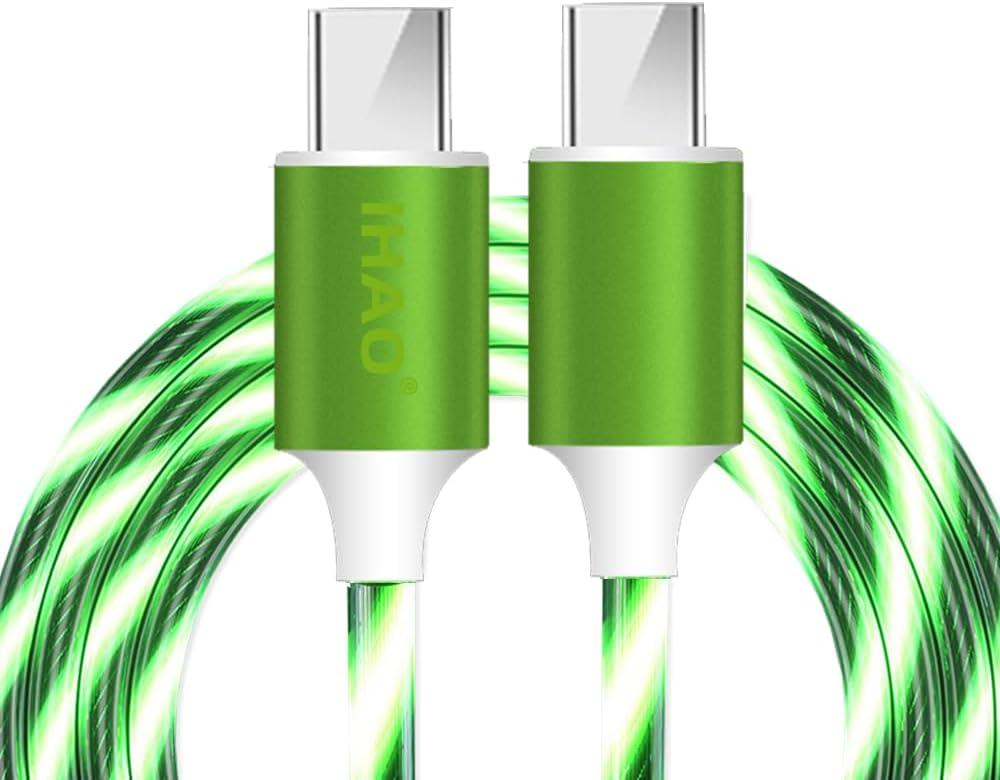 IHAO USB Type C to Type C PD 60W Fast Charging Cable Phone Charger High Data Speed Cool Light Up LED Current Flowing for All USB C Android and iOS Device-Green/39 Inches