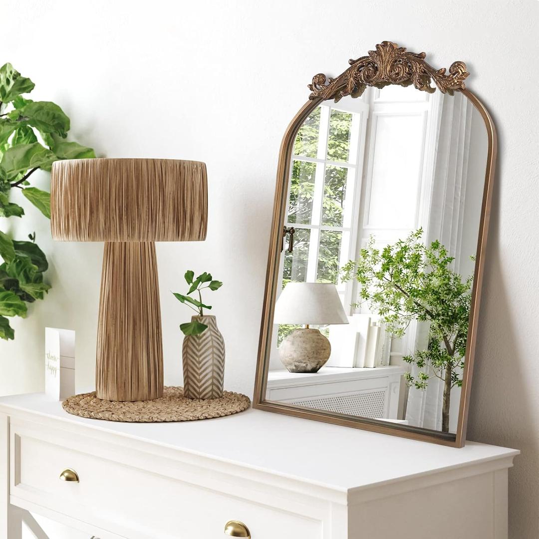 Wall Mirror Window Decorative Traditional Vintage Ornate Baroque Mirrors Antique Arched Farmhouse for Living Room Bedroom Entryway Bathroom Vanity (27 * 19 * 1.2, Gold)
