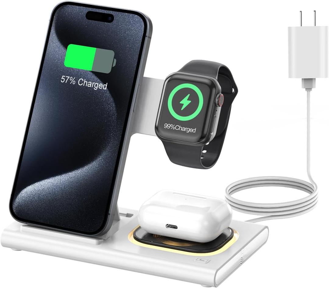 3 in 1 Foldable Charging Station for Apple Products,Fast Wireless Charger Travel Dock Adapter&Light for iPhone 16/15/14/13/12/11/X/XS,for iWatch 10/9/8/7/Ultra2/Ultra/SE,for AirPods 4/3/2/Pro/2(White)
