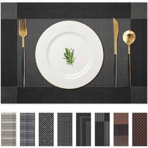AHHFSMEI Placemats Set of 4 Washable Woven Vinyl Placemats for Dining Table Heat Resistant Non-Slip Stain Resistant Table Mats for Kitchen & Home Decor(Black Corner,4) (17.7X11.8 inches set of 4)