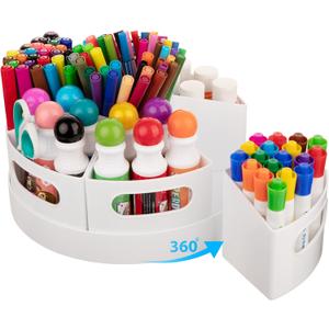 CraftGenes Art Supplies Organizer, Extra Large 360 Rotating Desk Organizer with 7 Removable Compartments, Marker Organizer for Home, Office, and Classroom, Crayon Holder