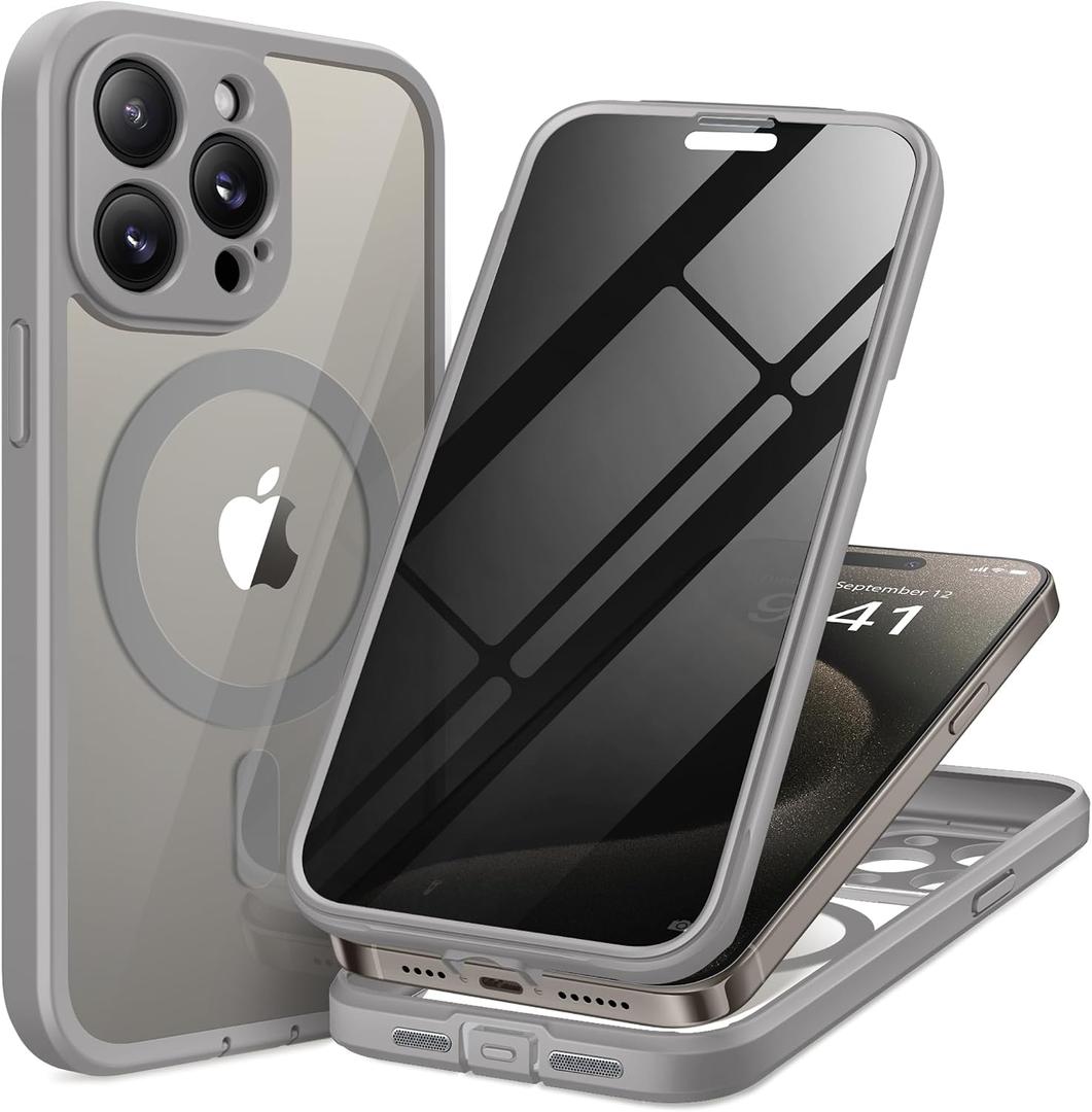 TIESZEN for iPhone 15 Pro Max Case, Compatible with MagSafe, Built-in Privacy Screen Protector and Camera Protection, Anti Spy Full Body Dustproof Shockproof Hard Phone Case 6.7", Light Grey