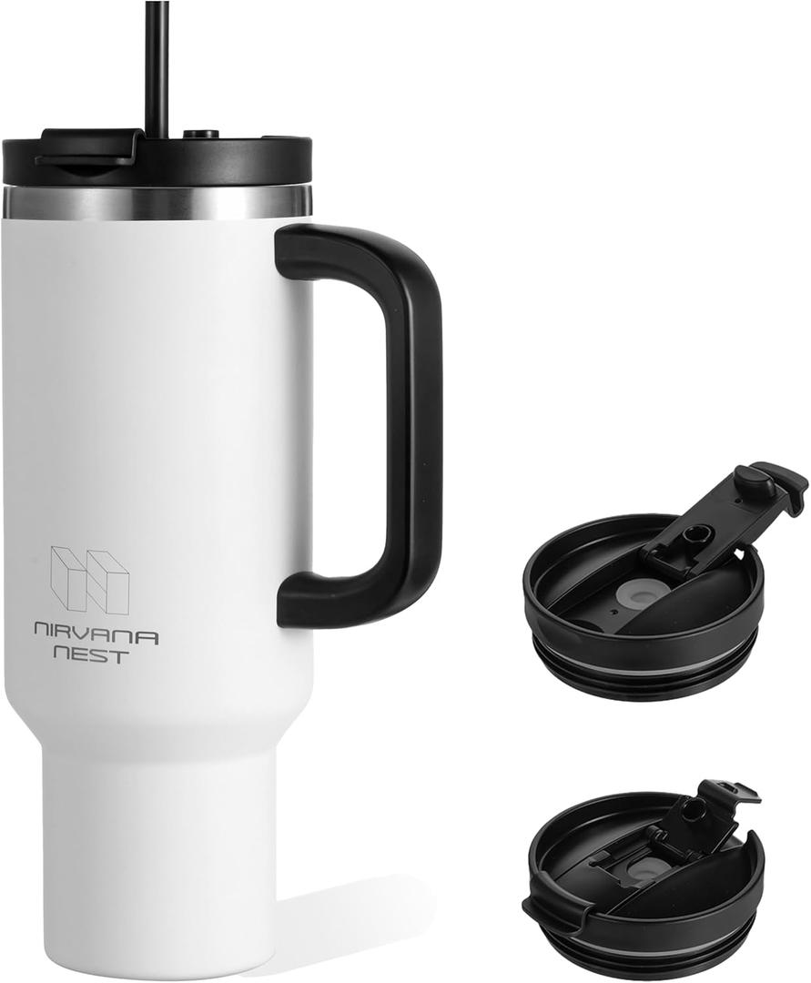 Stainless Steel 40 Oz Tumbler with Handle and Straw | Vacuum Insulated | Triple Function Leak Proof Lid | Water Bottle Travel Mug | Gifts for Women Men Him Her | White