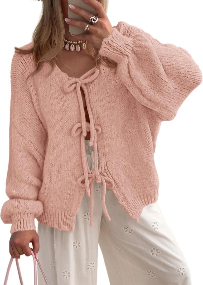 PRETTYGARDEN Women's Tie Front Bow Cardigan Sweaters Chunky Knit Long Puff Sleeve Trendy Fall Winter Jacket Coats (Medium, Pink)