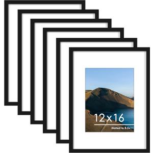 PEALSN 12x16 Picture Frame Set of 6, Display Pictures 8.5 x 11 with Mat or 12 x 16 without Mat for Wall Mounting Display, Photo Frames Collage for Wall Decor, Black
