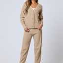 ANRABESS Women 2 Piece Lounge Sets 2025 Fall Outfits Casual Waffle Knit Cardigan Sweater Pant Set Travel Airport Clothes Khaki Small (S)