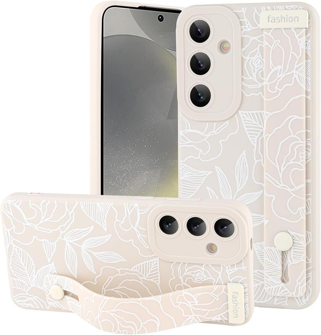 OOK Compatible with Samsung Galaxy S24 Plus Flower Case with Wrist Strap, White Flowers Floral Silicone Shockproof Protection Slim TPU Cover with Camera Protection for Women Girls