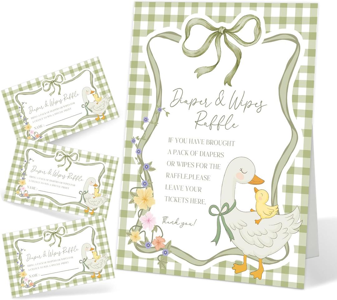 51 Pcs Diaper & Wipe Raffle Baby Shower Game, Silly Goose Sign with 50 Raffle Tickets, Green Gingham Mother Goose Baby Shower Diaper Wipe Game, Fun Gender Reveal Newborn Announcement Party Supplies