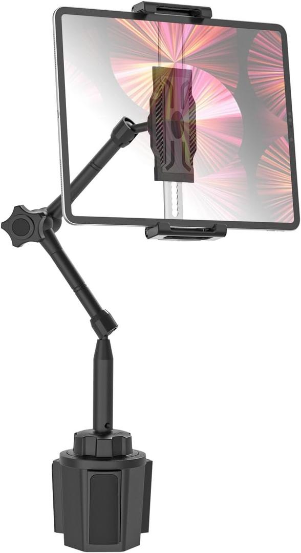 Car Cup Holder Tablet Mount, 360 Metal Foldable Adjustable Arm Truck Tablet Holder, Treadmill Stand for iPad Pro 13 Air Mini, Galaxy Tab, 6.1-15.6" Devices and Thickness Cases [Up to 1.18"]