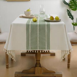 Softalker Outdoor Tablecloth Rectangle, Waterproof Linen Cotton Farmhouse Table Cloths with Tassel, Heavy Weight Wrinkle Free Fabric Table Cover for Dining/Party/Rustic - 55 x 84 Inch, Sage Lines