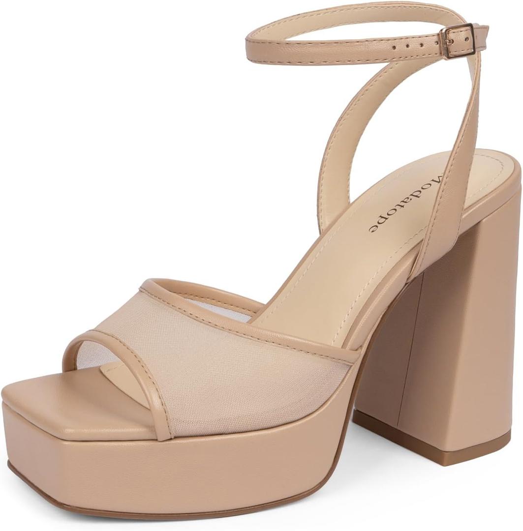 Modatope Platform Heels for Women Platform Sandals Womens Chunky Heel Open Toe Pumps Ankle Strap Womens Wedding Party Pumps Shoes Size 7.5 (Beige)