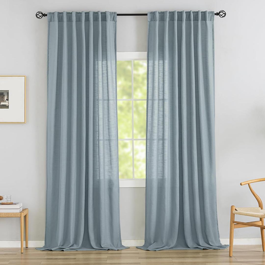 Stone Blue Linen Back Tab Curtains - 90 Inch Long, 2 Panel Set for Dining Cottage - Soft Light Weight Airy Semi Privacy Sheer Curtains with Hooks and Pocket - Light Filtering - 52 x 90 Inch Length