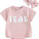 FYBITBO Newborn Baby Girl Easter Outfit Bunny Romper Short Sleeve Bodysuit Jumpsuit Headband Infant My First Easter Clothes (Pink Bunny Embroidery, 12-18 Months)