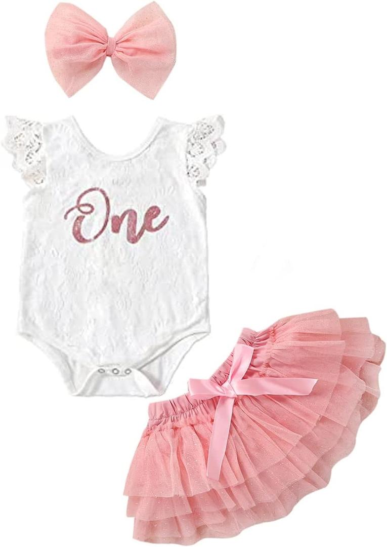 Newborn Baby Girls Baby Girls My 1st Birthday Outfits Romper + Tutu Skirt + Headband Set (9-12 Months, C12 Pink)