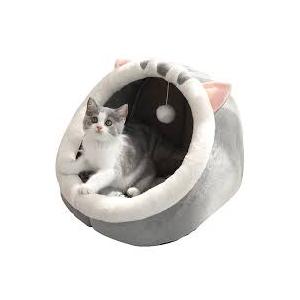 Cozy Cat Cave Pet Bed, Gray and White, 3, Indoor Cat House with Hanging Toy Ball, Soft Plush Cat Dome Bed for Small to Large Cats