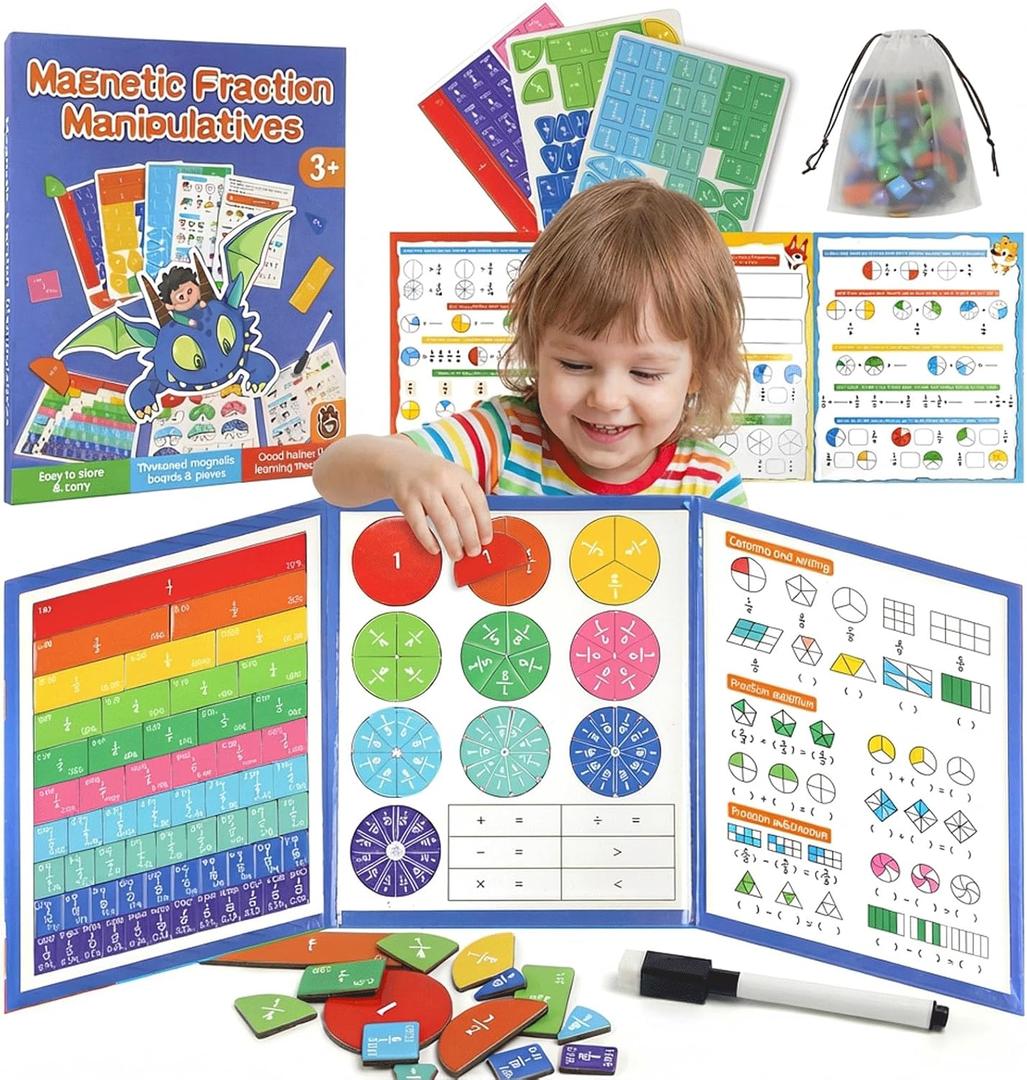 Magnetic Fraction Demonstration Book, Magnetic Fraction Tiles & Circles Educational Puzzle Set, Montessori Fraction Playbook for Kids, Math Manipulatives for Elementary School