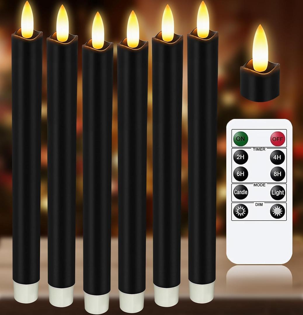 Upgraded Real Wax LED Flameless Black Taper Candles with Remote, KSWING 6 PCS Candlesticks Battery Operated 3D Flickering - 9.6" Long Realistic Fake Candle Sticks for Home/Wedding/Fireplace Xmas Decor
