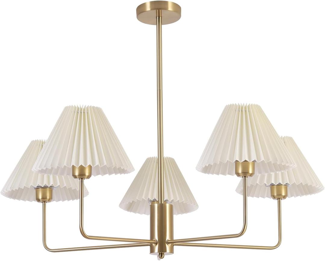 KCO Lighting 5-Lights White Pleated Fabric Pendant Light Mid Century Modern Brushed Gold Sputnik Chandelier Traditional Dining Living Room Chandelier Above Dining Table
