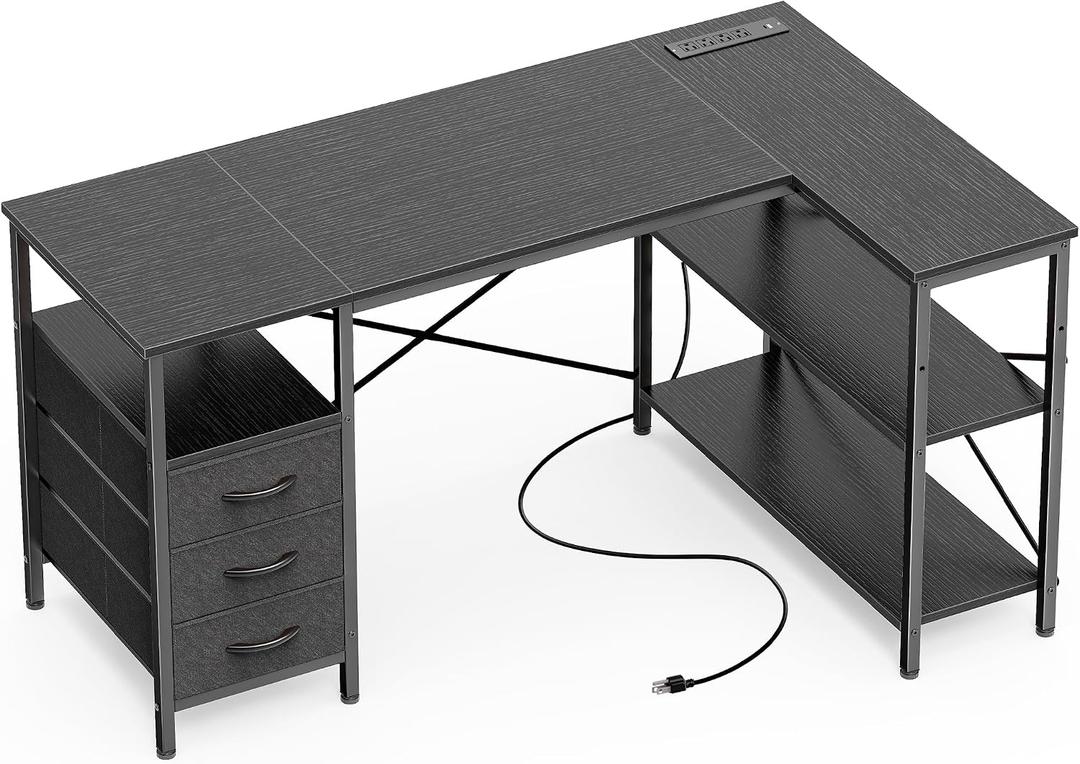 Huuger L Shaped Office Desk with Power Outlets & 3 Drawers