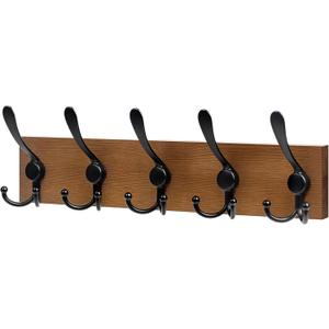 RELBRO Coat Rack Wall Mount, 16.7 Inch Wooden Wall Coat Hanger with 5 Triple Hooks, No Assembly, Brown, 2 Pcs