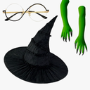 Halloween Witch Costume Set – Witch Hat, Green Claw Gloves & Glasses – 4pcs Dress-Up Kit for Cosplay & Party Fun