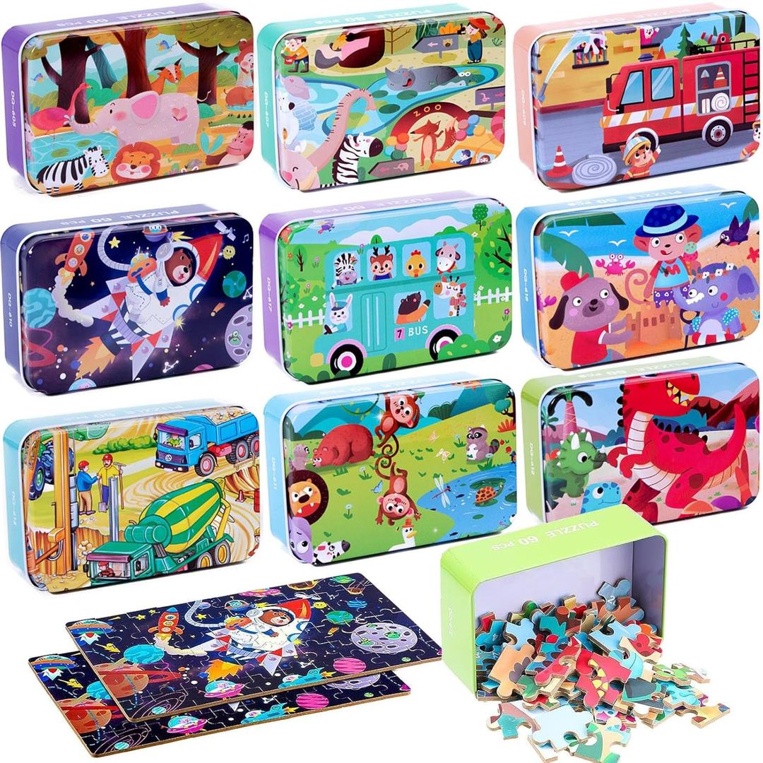 Libima 3 Boxes Party Favors Jigsaw Puzzles in a Metal Box for Age of 4-8 Wooden Puzzle for Ages 4-8 Boys and Girls Learning Educational Toys 3Styles (Cute Style)