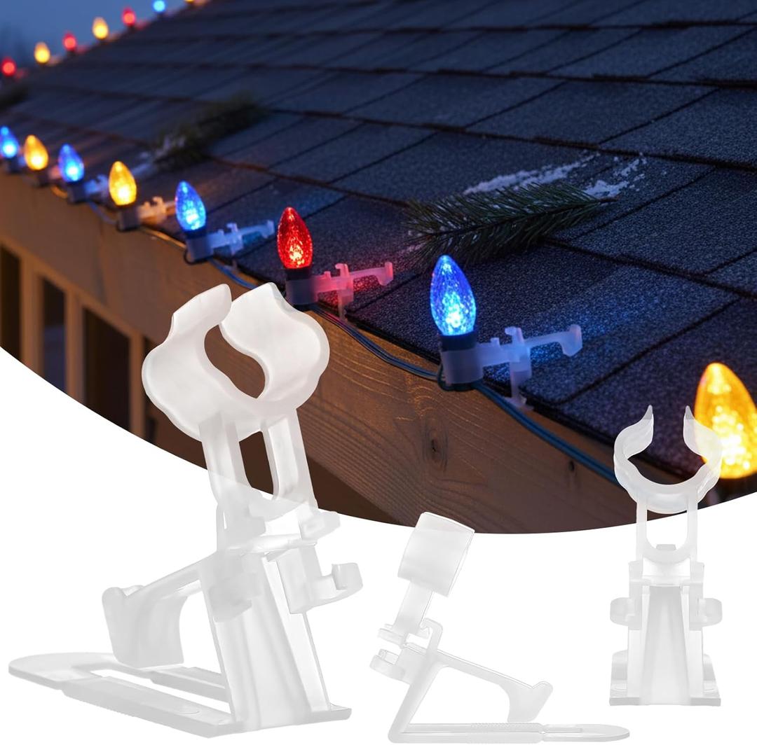 50 Pcs Christmas Light Clips White Adjustable Angle Shingle Clips Compatible with C7/E12 Socket Rope Lights Tile Roof Gutter Hooks for Outdoor Hanging Bulbs Christmas Decorations