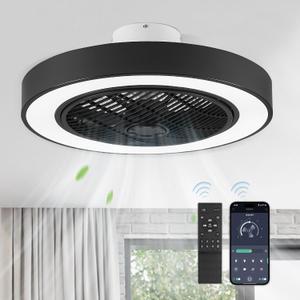 LEDIARY 22in Enclosed Ceiling Fans with Lights and Remote, Black Modern Bladeless Ceiling Fan with Bright Light, Led Flush Mount Ceiling Fan for Bedroom, Living Room, Kid Room(6 Speeds, 3000-6000K)