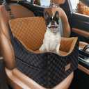 Joejoy Elevated Dog Car Seat for Small/Medium Dogs up to 35 lbs, Memory Foam Booster Seat with Detachable Washable Cover, Travel-Safe Car Bed with Safety Belts & Storage Pockets, Brown