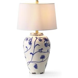 Tribesigns 27-Inch Table Lamp with Blue and White Porcelain Ginger Jar, Embossed Floral Ceramic Base with Fabric Shade for Living Room, Entryway, Nightstand for Bedroom
