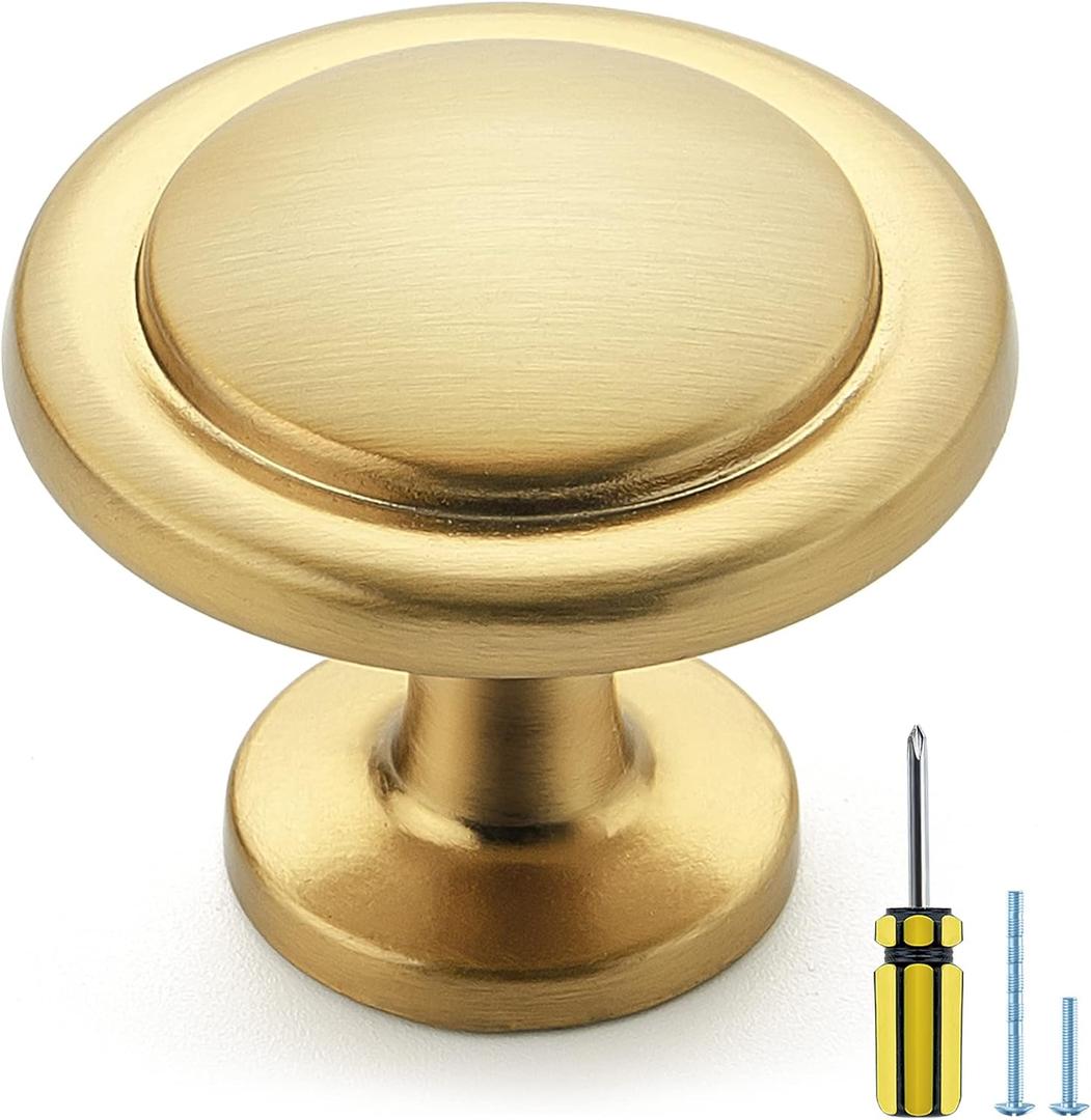 Ravinte 30 Pack 1-1/4" Cabinet Handles Brushed Brass Kitchen Knobs Dresser Drawer Pulls Gold Round Door Knobs Cabinet Hardware