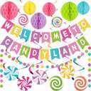 Pasimy Welcome to Candy Land Banner with Colorful Honeycomb Balls Candy Sweet Party Decorations Garland Hanging Swirls Decor Set Lollipop Paper Cutouts Dot for Birthday Party Supplies