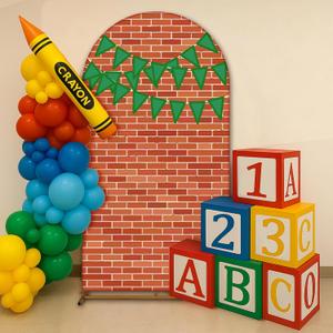 VitalCozy 7.2ft Red Brick Arch Backdrop Cover Cartoon Street Photography Backdrops with Colorful Flags Decor for Back to School Prek Graduation Friends Birthday Party Photo Props