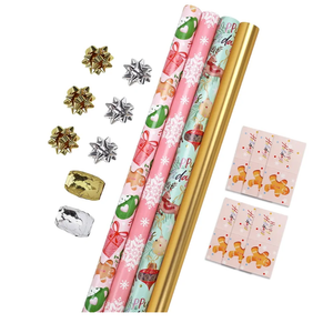 LaRibbons Christmas Wrapping Paper Set, Snowflake & Reindeer & Gingerbread Man Design with Gift Bow & Ribbons & Tags, Perfect for Christmas, Winter Party, 30 Inch X 10 Feet (4Rolls, 100 sq.ft.ttl.)