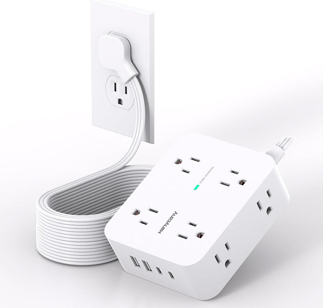 Extension Cord 15 Ft, Power Strip with 4 USB Ports(2 USB C), HANYCONY 8 Surge Protector Outlets with Flat Plug, Wall Mount, Desk for Home Office College Dorm Room Essentials
